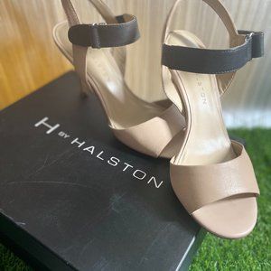 H by Halston Womens Maya Sand Leather Slingback Block Heels Size US 7.5 M